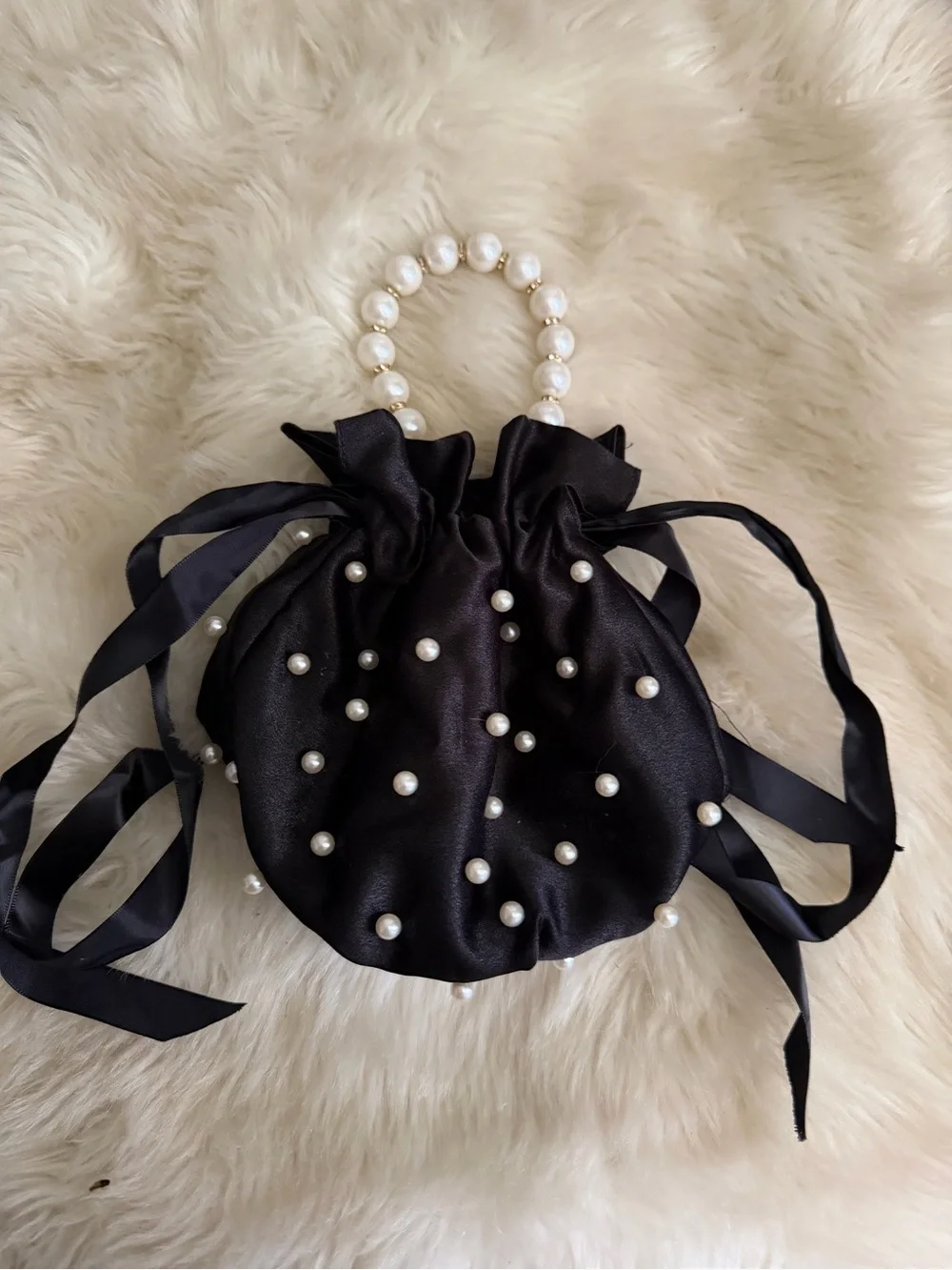 Pearl-Handle Black Satin Drawstring Satchel